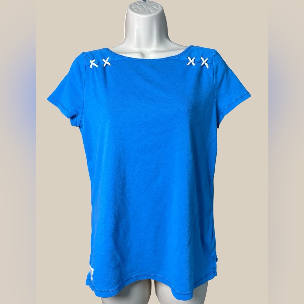 Lauren Ralph Lauren Women’s Blue Short Slv Top White X Stitching 100% Cotton L